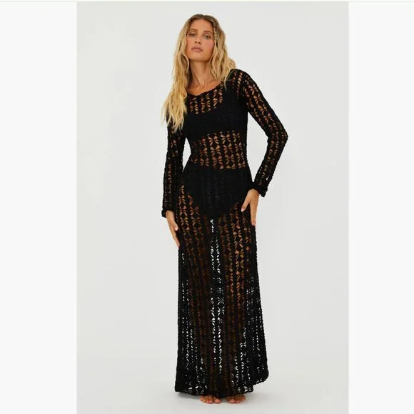 NWT $248 Beach Riot Ariana Long Sleeve Cotton Crochet Cover-Up DressBLACK S